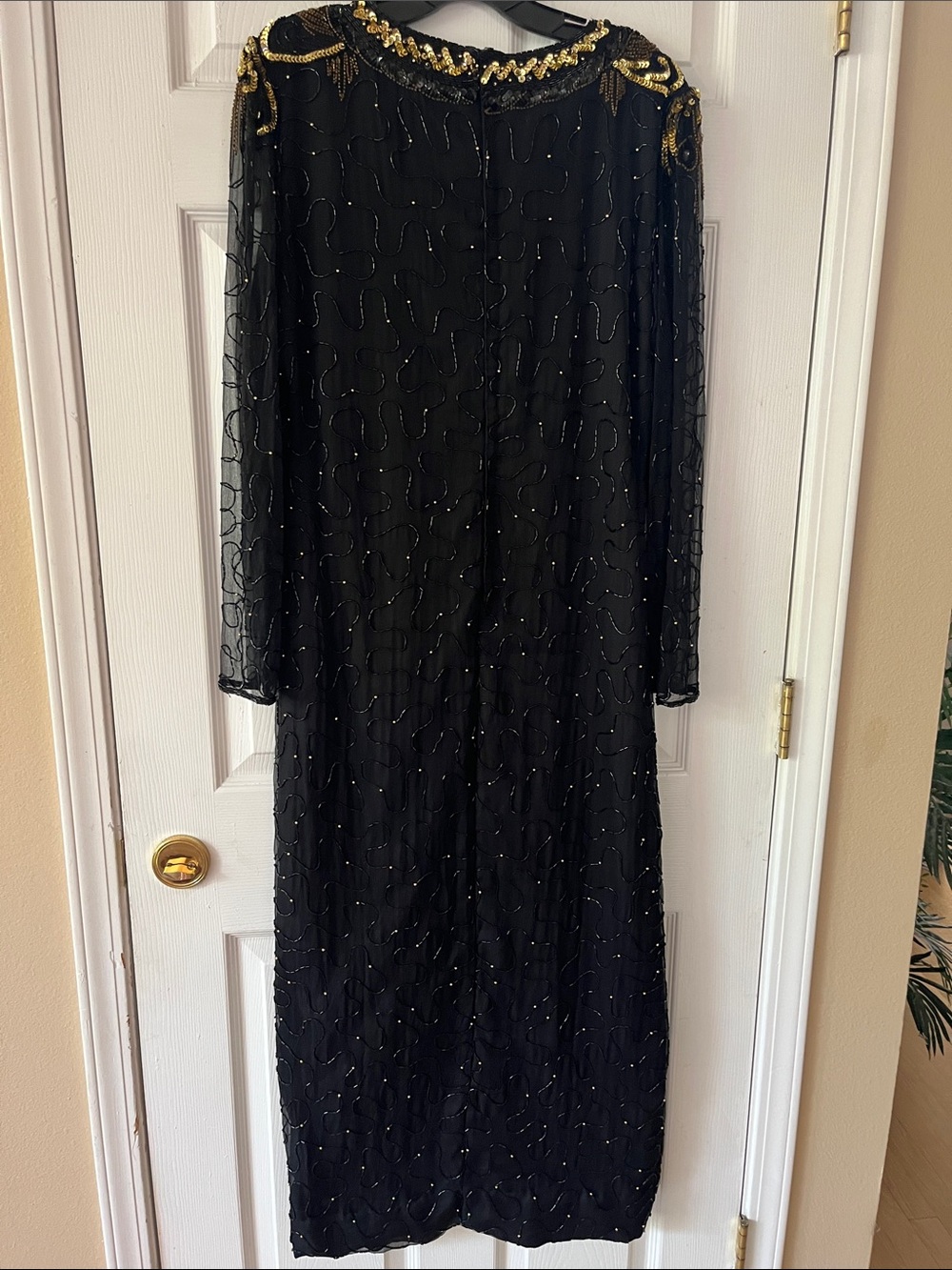Laurence Kazar Black and Gold Beaded Long Sleeve Evening Gown - Picture 5 of 6